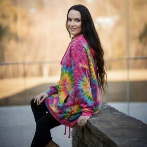 Club Exx ✦ Oversized Tie‑Dye Hoodie ✦ Lace‑Up Sides Fleece Lined Multicolor 1X